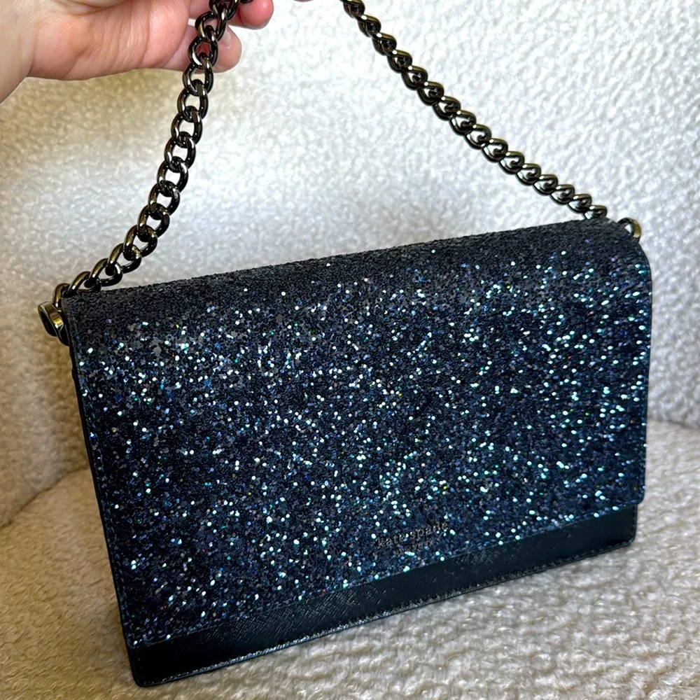 Kate Spade Black Glitter Chain Shoulder or Crossbody Bag • New & Never Used! 🌌🖤 - Picture 4 of 13